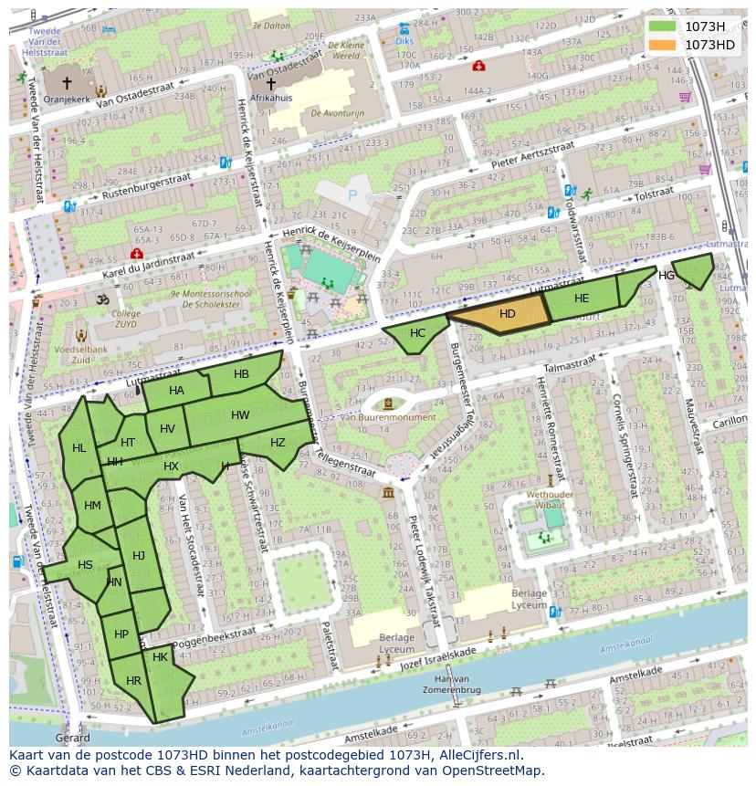 Afbeelding van het postcodegebied 1073 HD op de kaart.