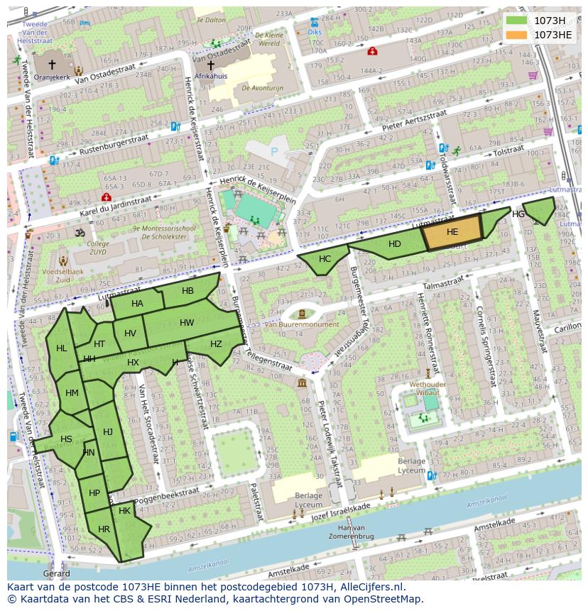 Afbeelding van het postcodegebied 1073 HE op de kaart.