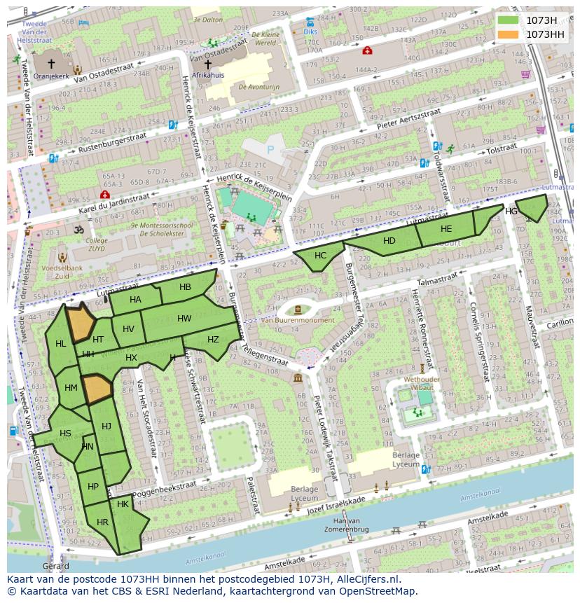 Afbeelding van het postcodegebied 1073 HH op de kaart.