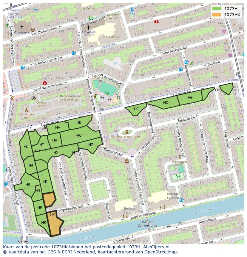 Afbeelding van het postcodegebied 1073 HK op de kaart.