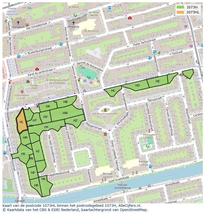 Afbeelding van het postcodegebied 1073 HL op de kaart.