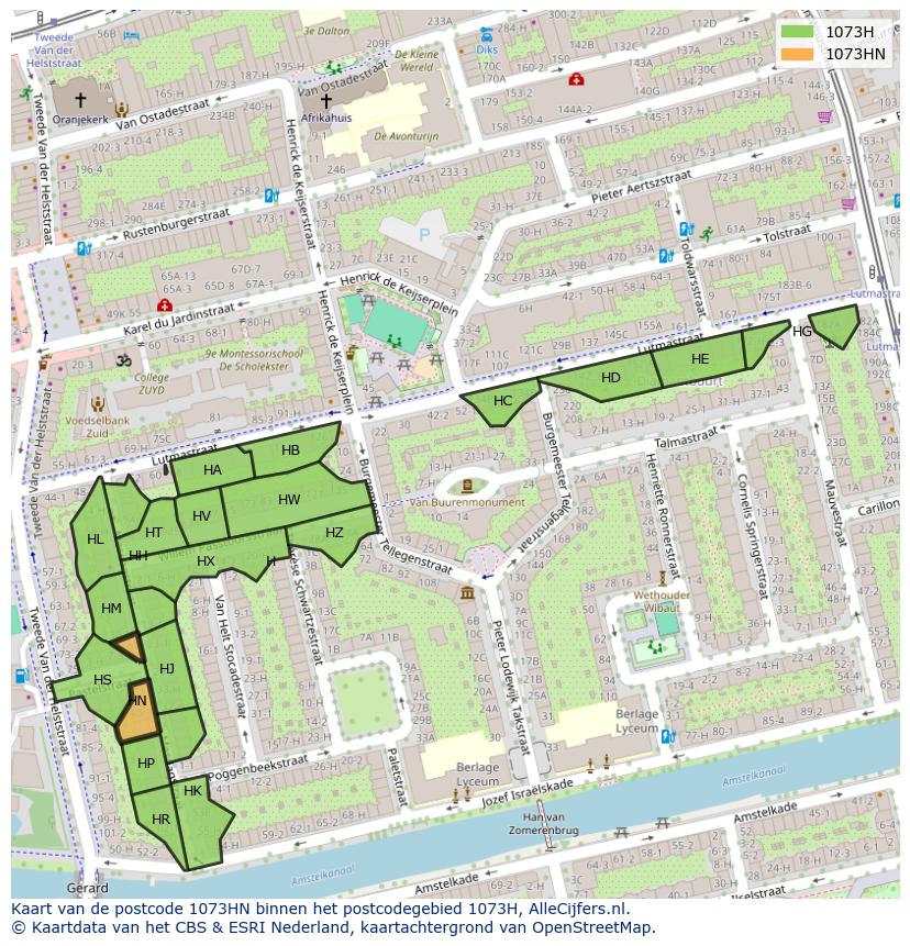Afbeelding van het postcodegebied 1073 HN op de kaart.