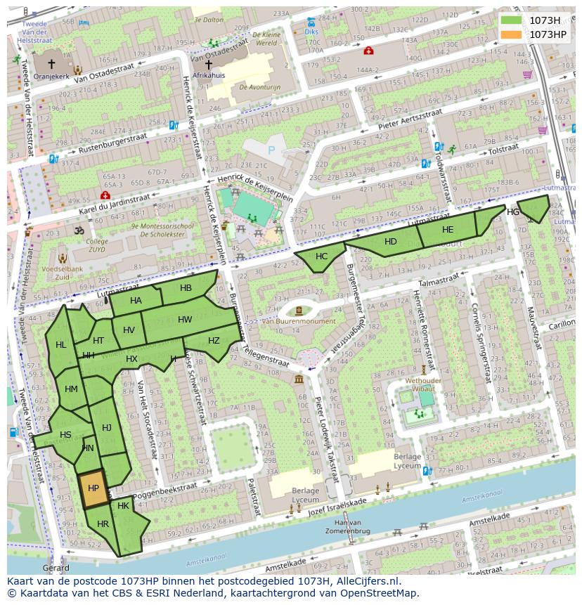 Afbeelding van het postcodegebied 1073 HP op de kaart.