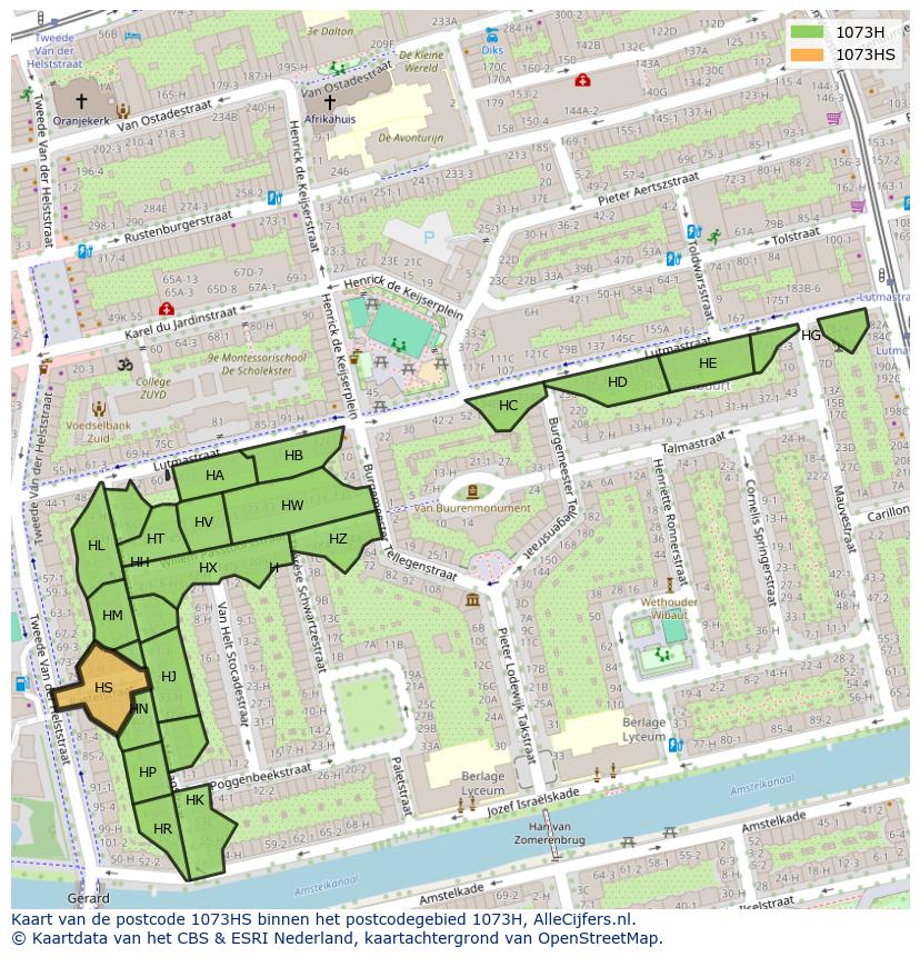 Afbeelding van het postcodegebied 1073 HS op de kaart.