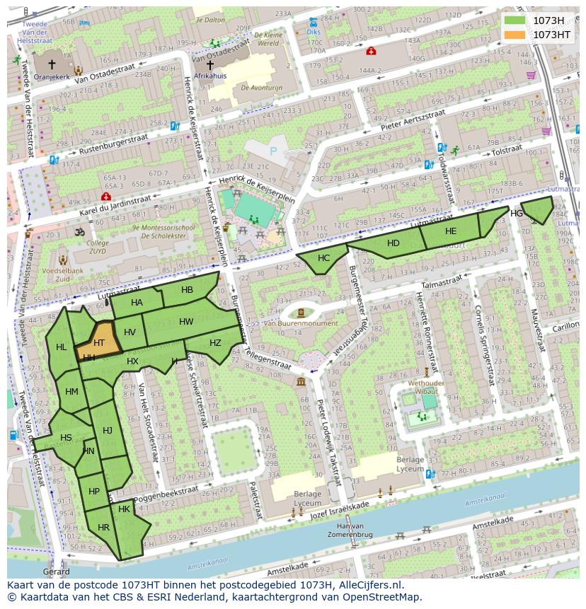 Afbeelding van het postcodegebied 1073 HT op de kaart.