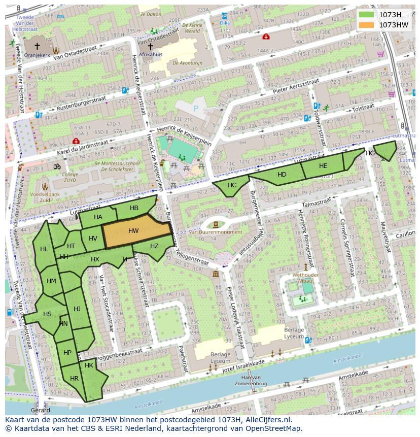 Afbeelding van het postcodegebied 1073 HW op de kaart.