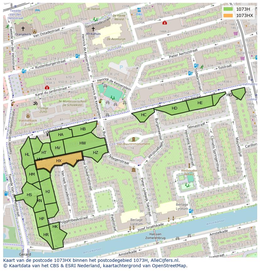Afbeelding van het postcodegebied 1073 HX op de kaart.