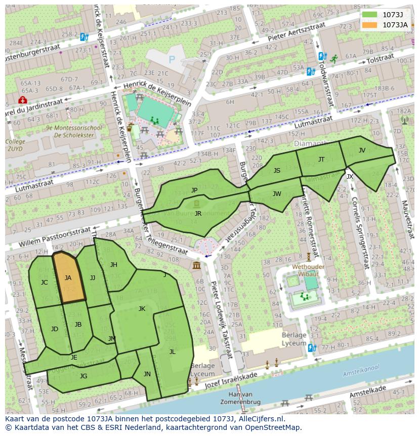 Afbeelding van het postcodegebied 1073 JA op de kaart.