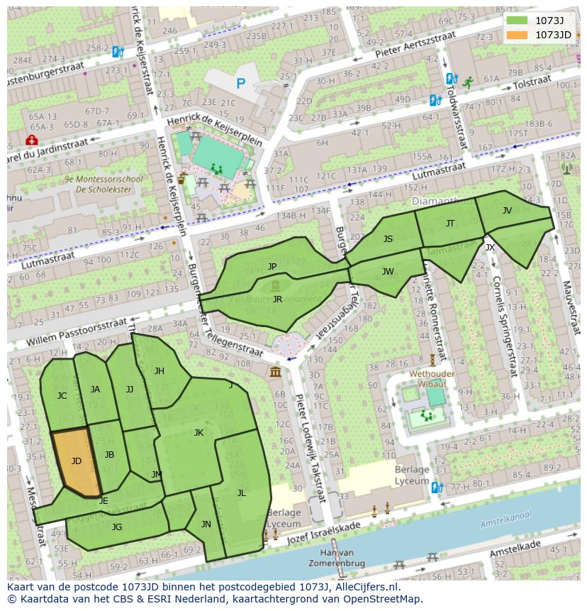 Afbeelding van het postcodegebied 1073 JD op de kaart.