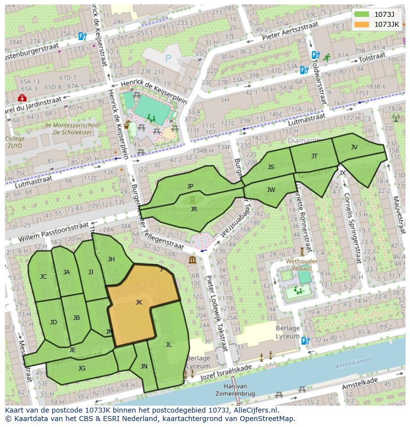 Afbeelding van het postcodegebied 1073 JK op de kaart.