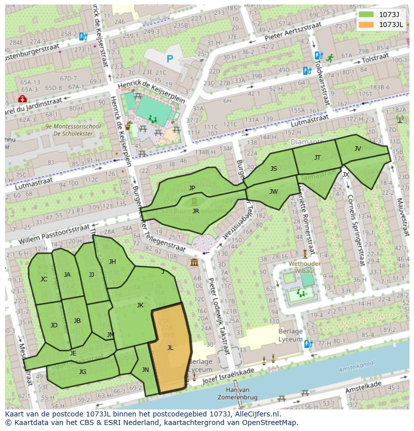 Afbeelding van het postcodegebied 1073 JL op de kaart.