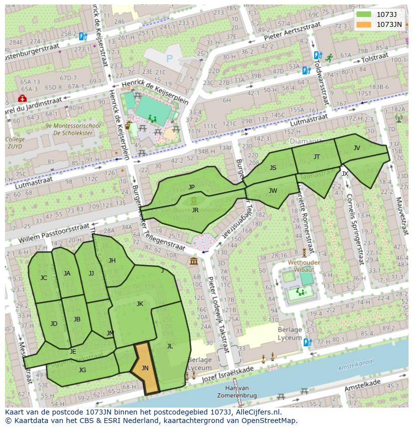 Afbeelding van het postcodegebied 1073 JN op de kaart.