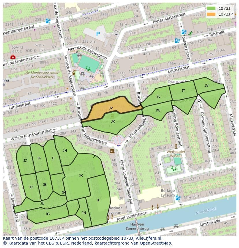 Afbeelding van het postcodegebied 1073 JP op de kaart.