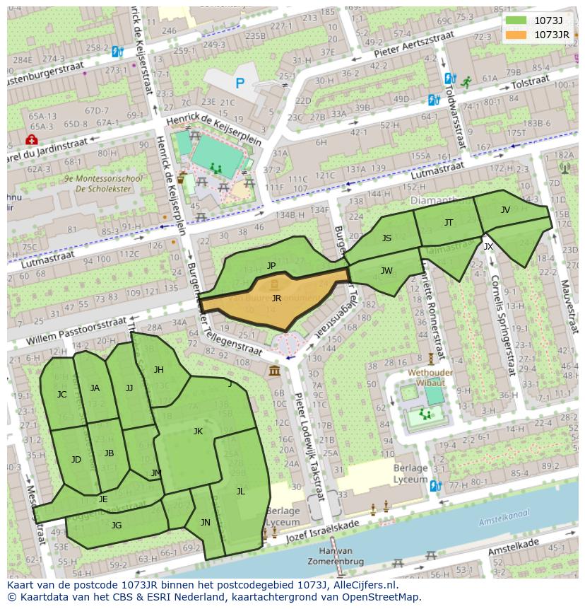Afbeelding van het postcodegebied 1073 JR op de kaart.
