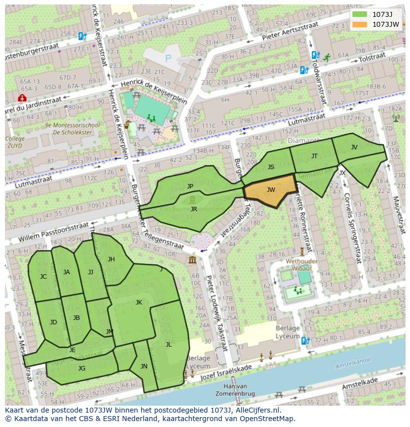 Afbeelding van het postcodegebied 1073 JW op de kaart.