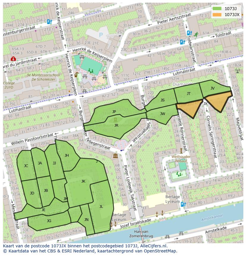 Afbeelding van het postcodegebied 1073 JX op de kaart.