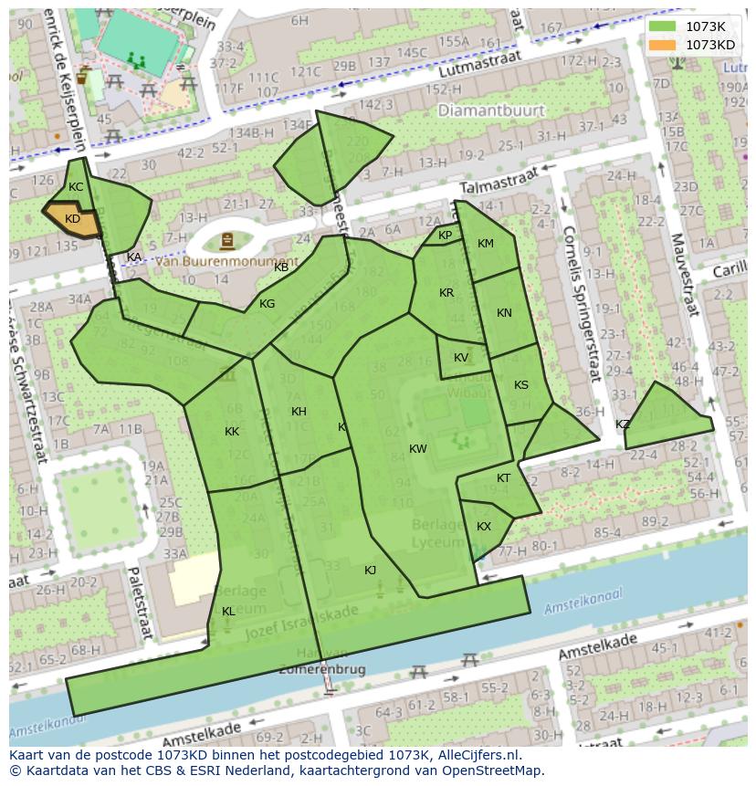 Afbeelding van het postcodegebied 1073 KD op de kaart.