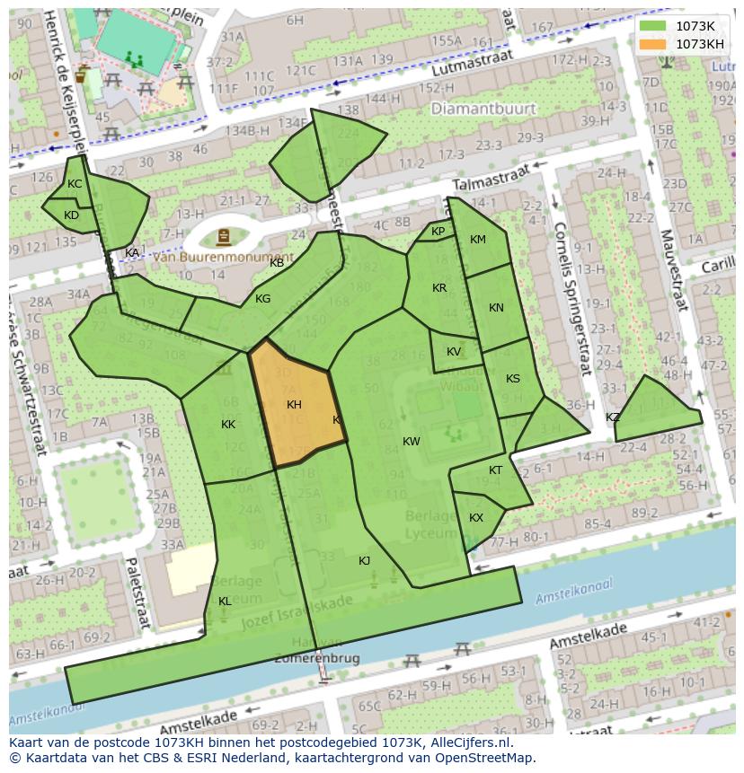 Afbeelding van het postcodegebied 1073 KH op de kaart.