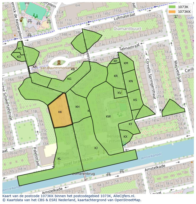 Afbeelding van het postcodegebied 1073 KK op de kaart.