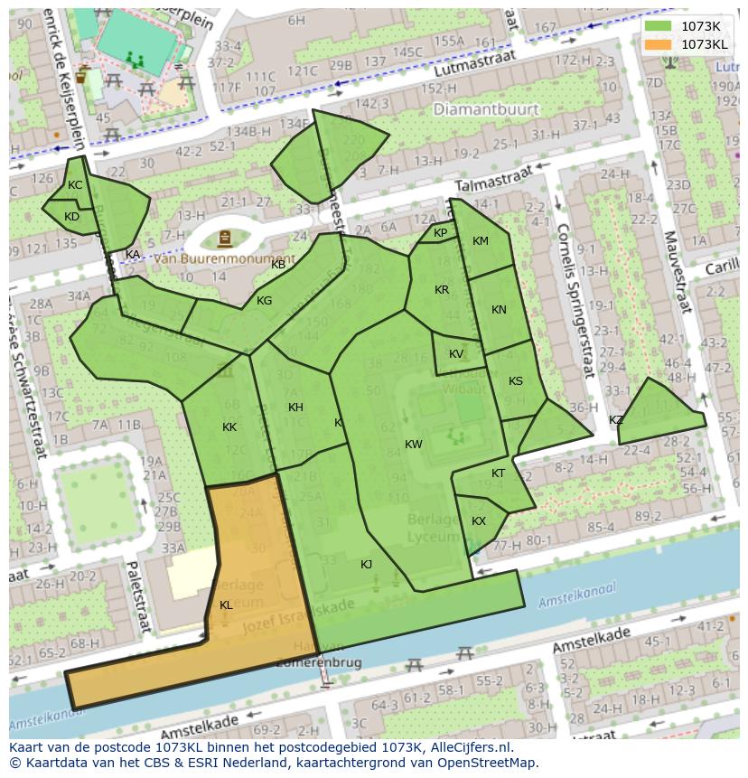 Afbeelding van het postcodegebied 1073 KL op de kaart.