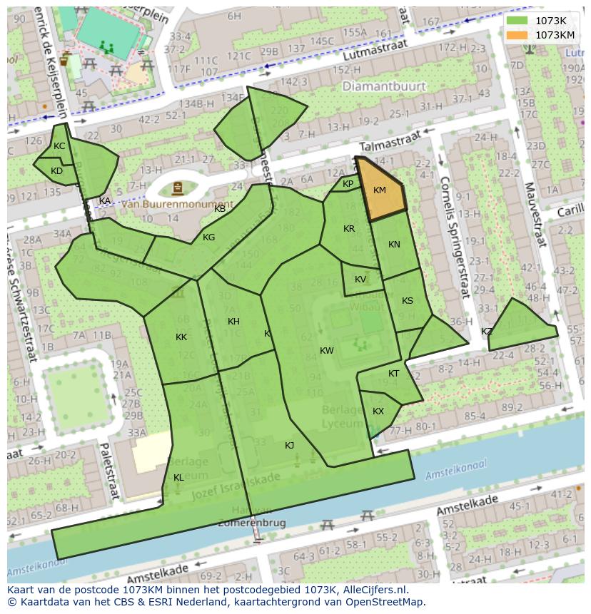 Afbeelding van het postcodegebied 1073 KM op de kaart.