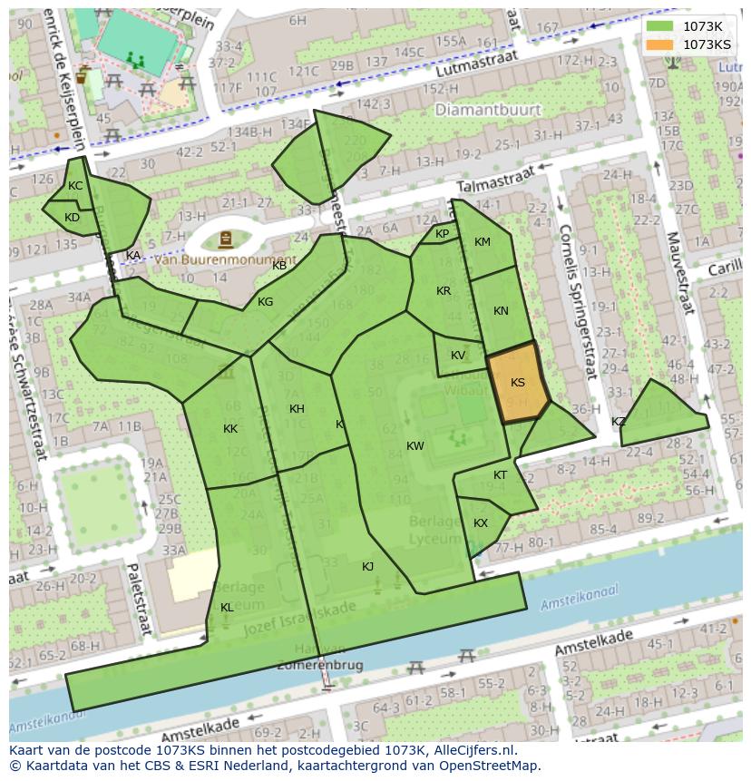 Afbeelding van het postcodegebied 1073 KS op de kaart.