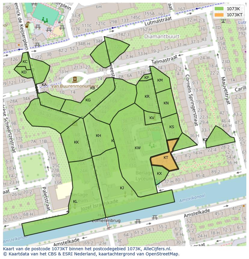 Afbeelding van het postcodegebied 1073 KT op de kaart.