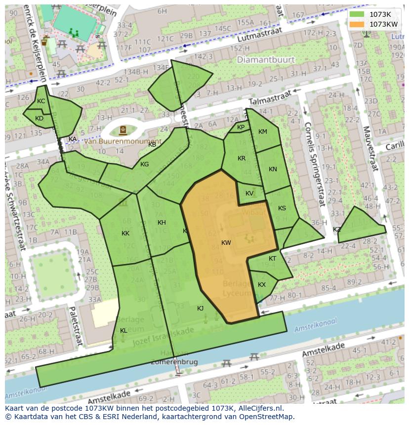 Afbeelding van het postcodegebied 1073 KW op de kaart.