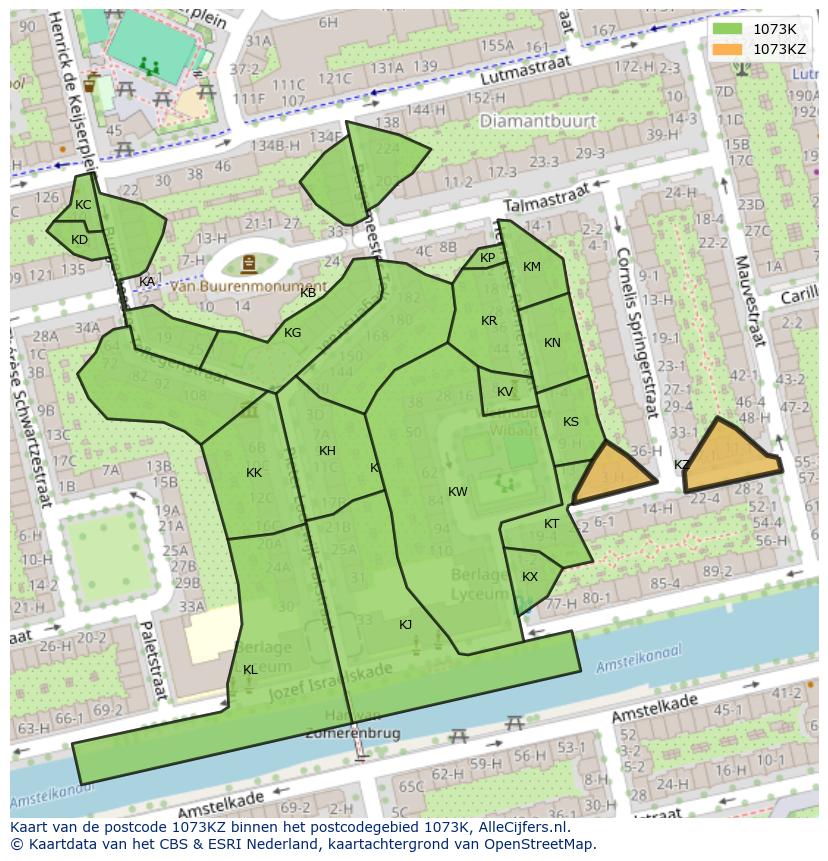 Afbeelding van het postcodegebied 1073 KZ op de kaart.