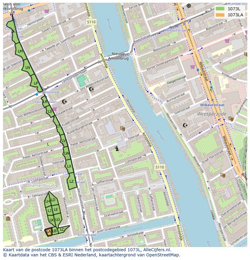 Afbeelding van het postcodegebied 1073 LA op de kaart.