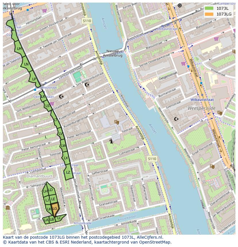 Afbeelding van het postcodegebied 1073 LG op de kaart.