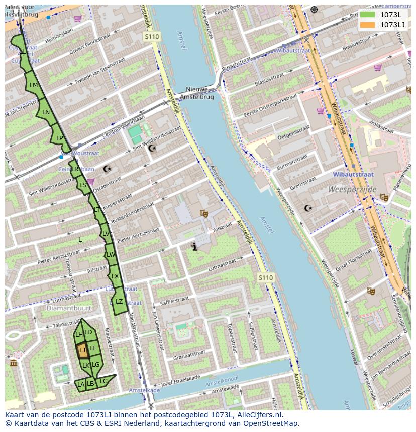 Afbeelding van het postcodegebied 1073 LJ op de kaart.