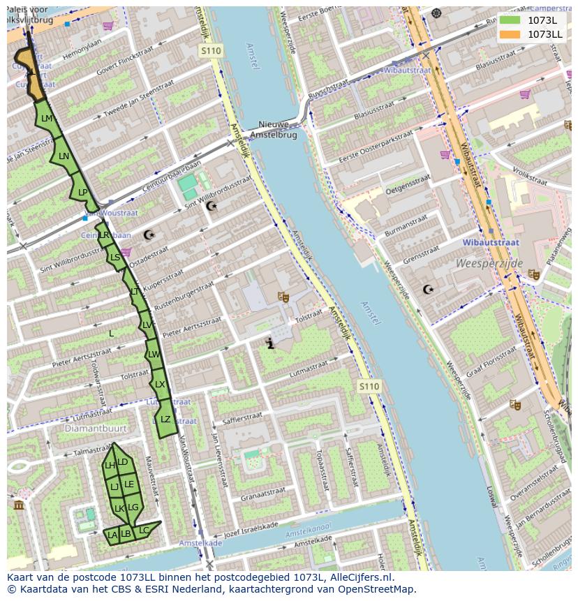 Afbeelding van het postcodegebied 1073 LL op de kaart.