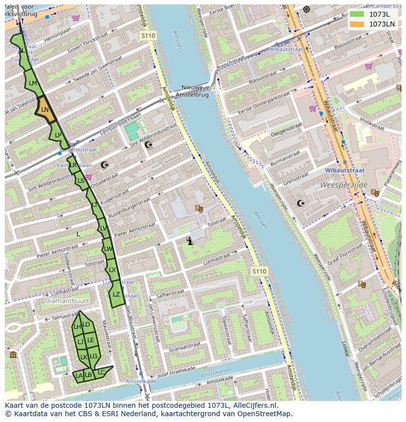 Afbeelding van het postcodegebied 1073 LN op de kaart.