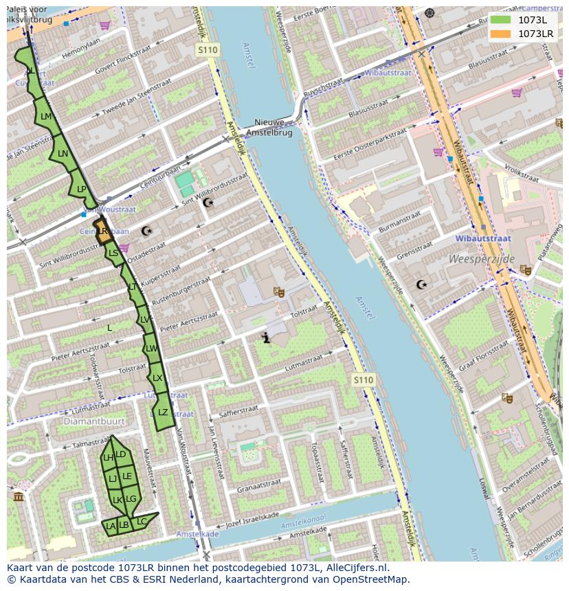 Afbeelding van het postcodegebied 1073 LR op de kaart.