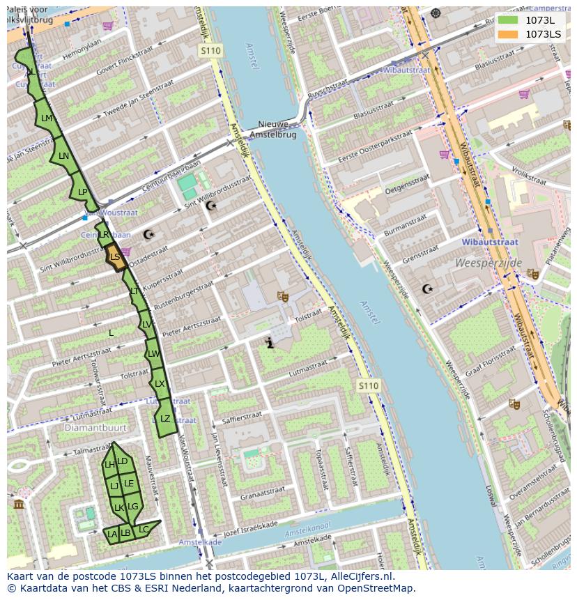 Afbeelding van het postcodegebied 1073 LS op de kaart.