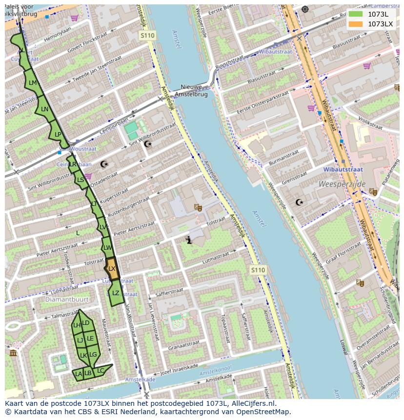 Afbeelding van het postcodegebied 1073 LX op de kaart.