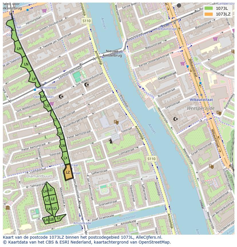 Afbeelding van het postcodegebied 1073 LZ op de kaart.