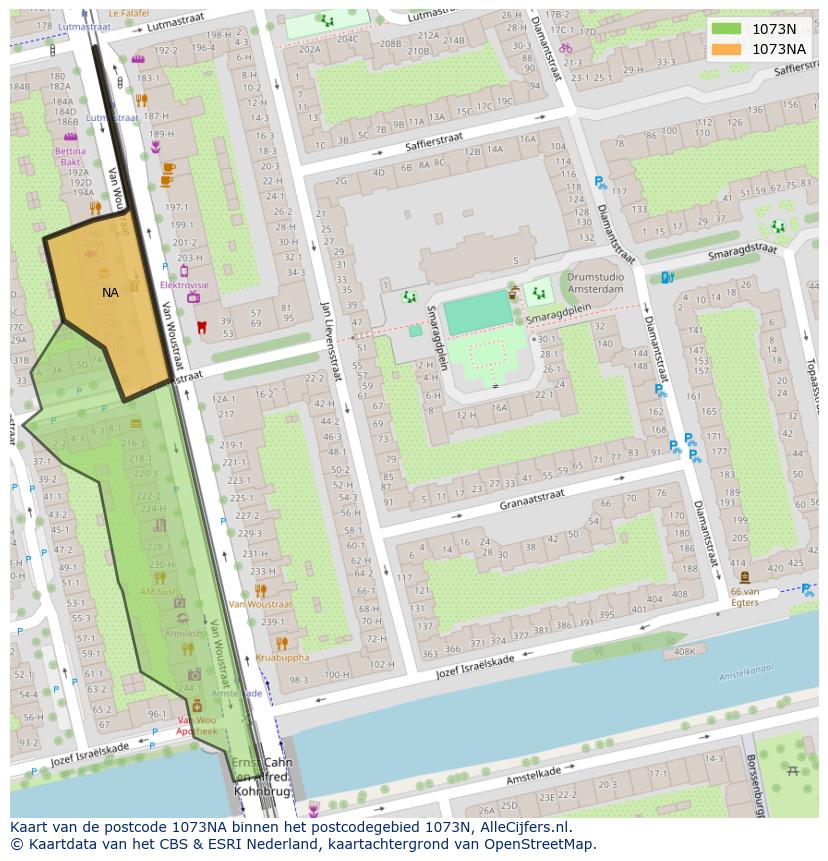 Afbeelding van het postcodegebied 1073 NA op de kaart.