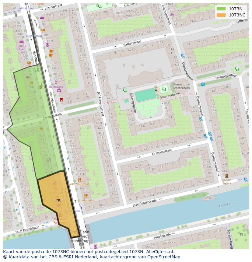 Afbeelding van het postcodegebied 1073 NC op de kaart.
