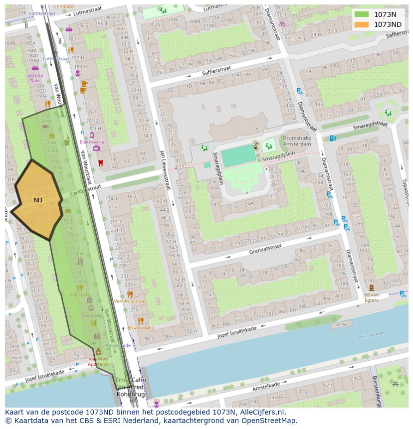Afbeelding van het postcodegebied 1073 ND op de kaart.