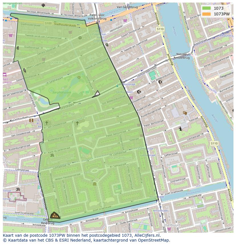 Afbeelding van het postcodegebied 1073 PW op de kaart.