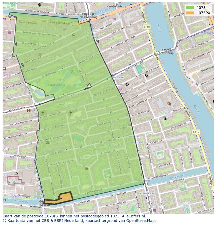 Afbeelding van het postcodegebied 1073 PX op de kaart.