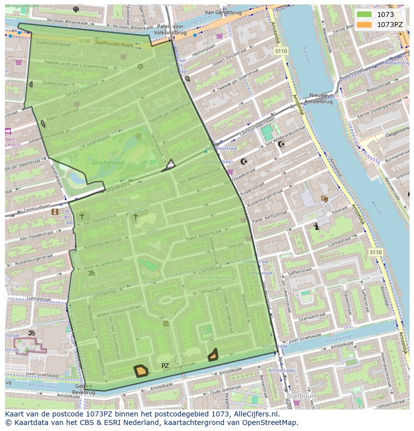 Afbeelding van het postcodegebied 1073 PZ op de kaart.