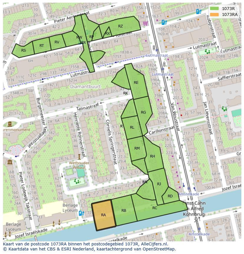 Afbeelding van het postcodegebied 1073 RA op de kaart.