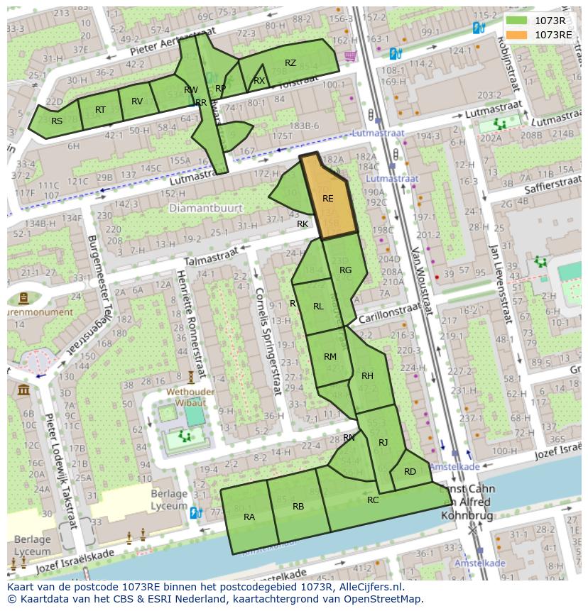 Afbeelding van het postcodegebied 1073 RE op de kaart.