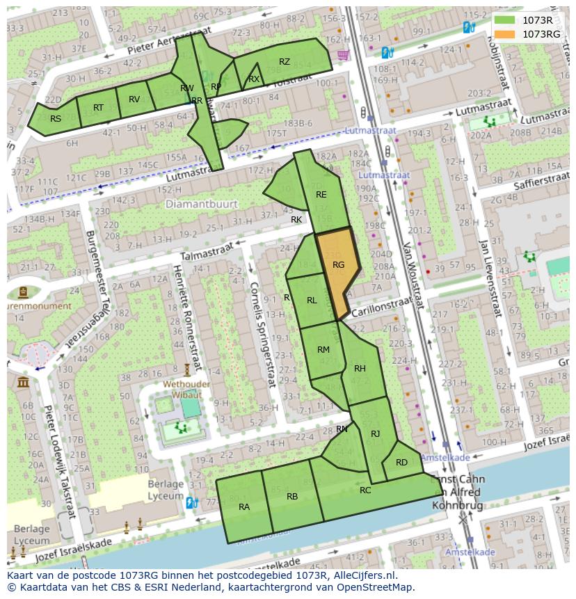 Afbeelding van het postcodegebied 1073 RG op de kaart.