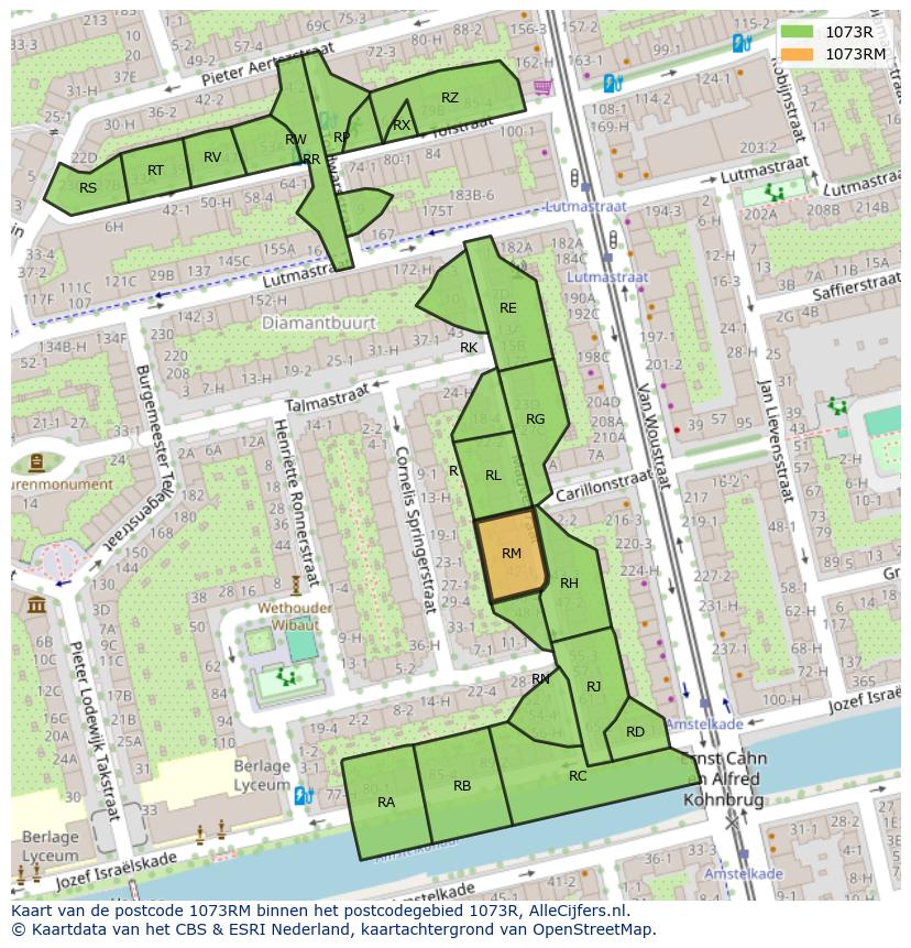 Afbeelding van het postcodegebied 1073 RM op de kaart.