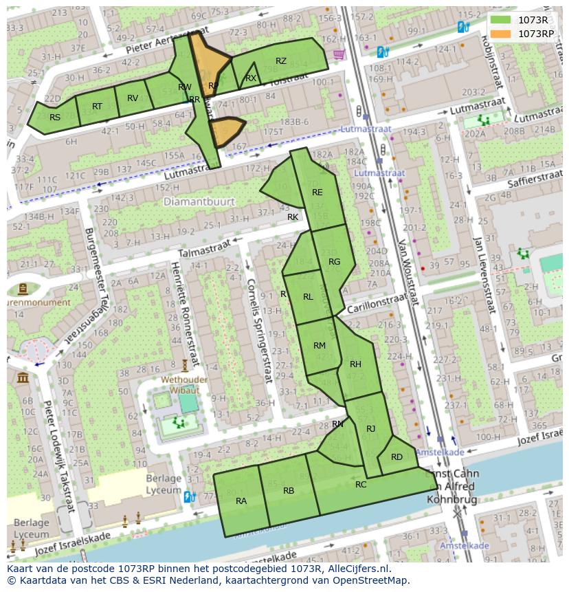 Afbeelding van het postcodegebied 1073 RP op de kaart.