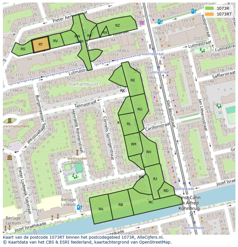 Afbeelding van het postcodegebied 1073 RT op de kaart.